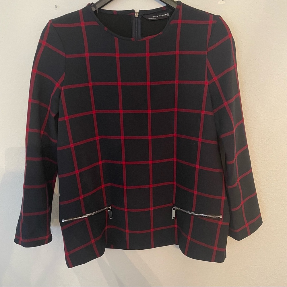 Zara Woman NWT Navy & Red Plaid Top with Zippers Long Sleeve Size Medium